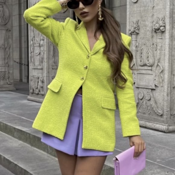 ZARA Women NEW TEXTURED WEAVE BLAZER LONG JACKET LIME GREEN 2813/469 XS S - Picture 4 of 10